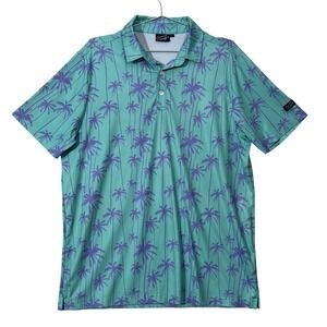 Sunday Swagger Polo Men Large Teal Purple Palm Tree Print Performance Golf Shirt